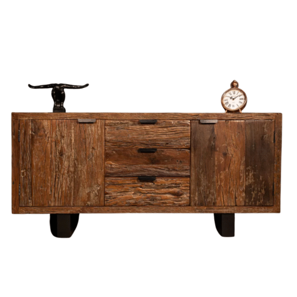 Furnheaven Forest Recycled Wood Sideboard With Black Steal Legs Two Doors Three Drawers