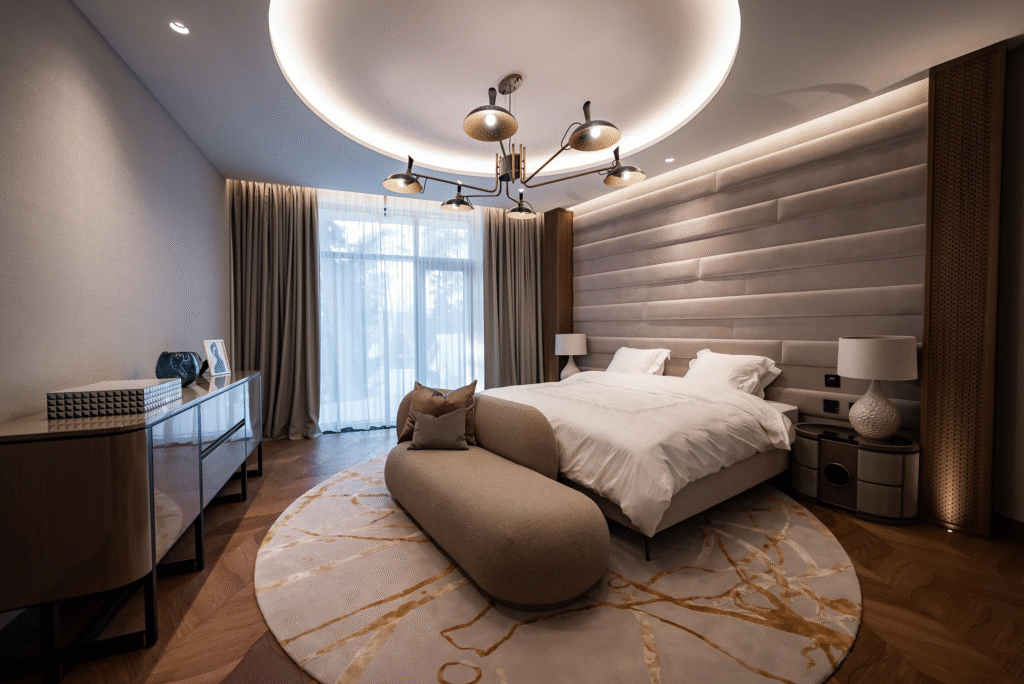 Modern bed design with double bed setup in a stylish bedroom interior